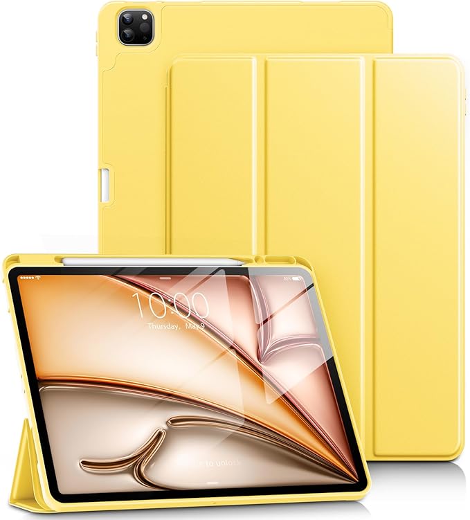 DTTO for iPad Air 13 Inch Case M4/M3/M2 2026/2025/2024, iPad Pro 12.9 Inch Case (6th/5th/4th/3rd Gen), Smart Slim Trifold Stand Soft Cover with Pencil Holder, Yellow