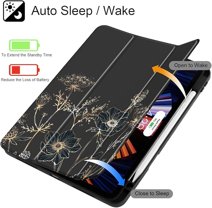 May Chen for iPad Pro 13 Inch Case M5 2025 / M4 2024, Built Pencil Holder & Clear Transparent Print Back Shell Slim Stand Shockproof Tablet Cover, Auto Wake/Sleep, Abstract Floral
