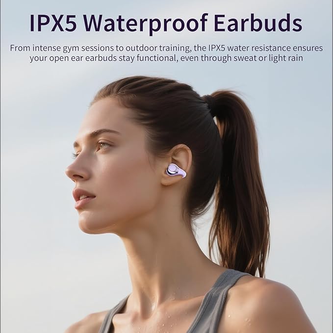 Open Ear Earbuds I5, Bluetooth 6.0 Headphones for Gym & Running, IPX5 Sweatproof, 36H Playtime, Secure Clip-On Fit for Work & Sports (3-Purple)