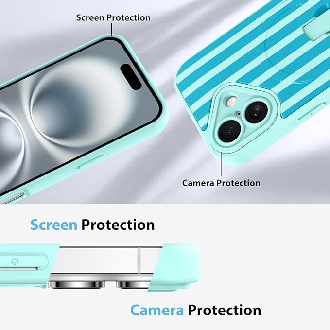 KANGHAR Compatible with iPhone 16 Case, Support for MagSafe, Silicone Stripes Cute Pattern, Wristband Kickstand Camera Protection Soft Slim Cover for Girls Women -Blue