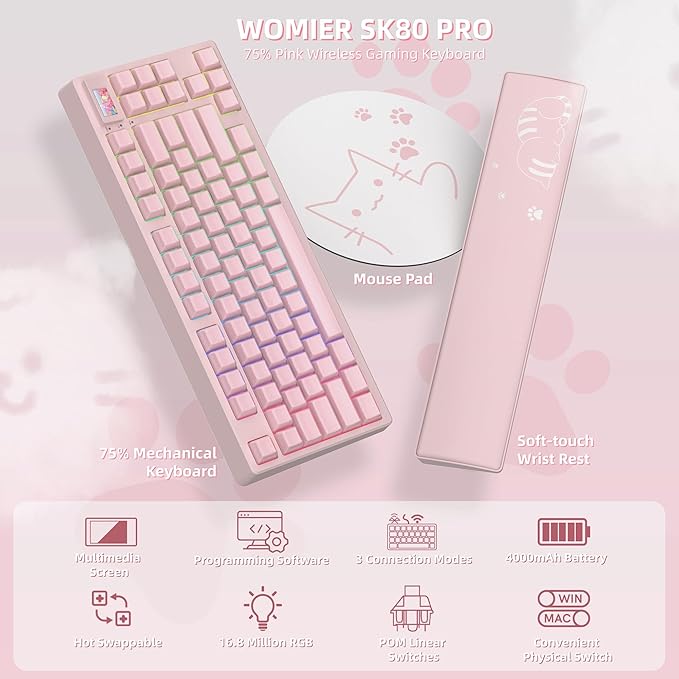 Womier 75% Pink Keyboard Wireless with Color Multimedia Screen, Creamy Mechanical Gaming Keyboard, 3-Modes Hot Swappable Cute Key Board w/Wrist Rest, Gasket RGB Custom for Mac/Win (SK80 PRO)