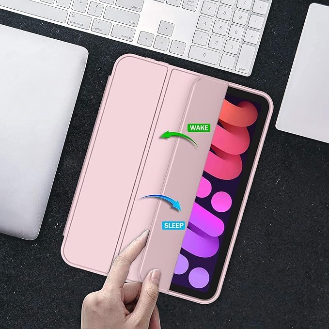 iMieet iPad mini 7 Case 2024 (A17 Pro), iPad mini 6 Case (8.3-Inch,2021 Model), iPad mini 7th/6th Generation Case with Pencil Holder, Trifold Stand Smart Case with Soft TPU Back,Pink