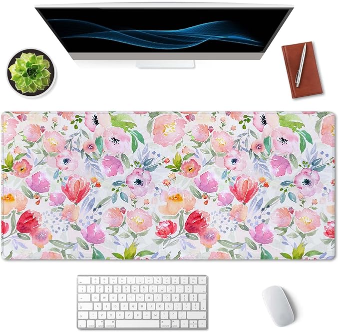 SSOIU Extended Gaming Mouse Pad (35.5x15.7 in), Large Stable Rubber Base Mousepad with Stitched Edges, Keyboard Mouse Mat Desk Pad for Work, Game, Office, Home - Watercolor Floral Botanical Pattern
