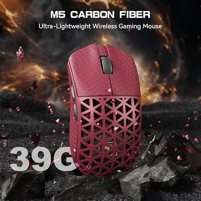 MAMBASNAKE M5 Ultra Carbon Fiber 8KHz Wireless Gaming Mouse,PAW3950MAX Sensor 42K DPI,39g Superlight Tri-Mode 2.4GHz/BT/Wired Computer Mice,Web Driver Support,for Win/Mac/FPS/MOBA/Esports-Red (B)