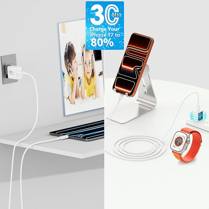 [Apple MFi Certified] iPhone 17 16 Charger Fast Charging, Stuffcool 4Pack 40W USB C Charger Dynamic Power Adapter Type C Wall Chargers + 6FT Type C Cable for iPhone 17/17 Pro/17 Pro Max/16 Pro/15/iPad