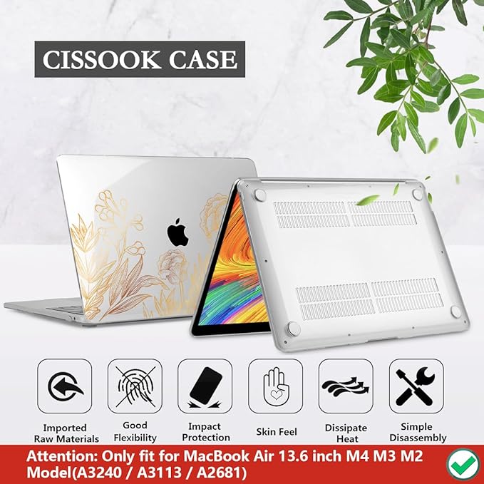 CISSOOK for MacBook Air 13.6 inch Case A3449 A3240 A2681 A3113 Release 2022 2023 2024 2025 2026, Plastic Hard Shell Case Keyboard Cover for MacBook Air 13 inch M2 M3 M4 M5, Gold Floral Blossom