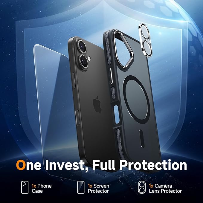 DOMAVER Magnetic 3 in 1 for iPhone 16 Case, [Omni-Directional Protection] with 1x Screen Protector + 1x Camera Cover, [Seamless Work with Magsafe] Protective Silm Case for iPhone 16 Charcoal Gray