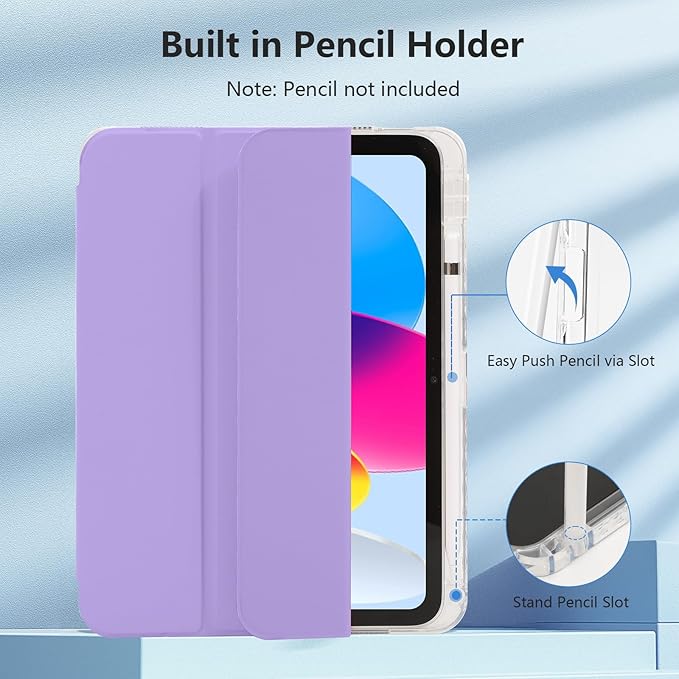 Case for iPad A16 11th Generation 11" 2025, iPad 10th Generation 10.9 Inch 2022, Hybrid Protective Cover with Pencil Holder, Clear Transparent Back Shell Anti-Yellowing Case, Lilac Purple