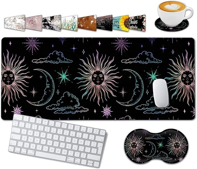 Large Gaming Mouse Pad, 31.5x11.8 in Extended Computer Mouse Mat with Non-Slip PU Base, Ergonomic Memory Foam Keyboard Wrist Rest, for Work & Gaming, Cute Sun Moon Black Office Desk Pad