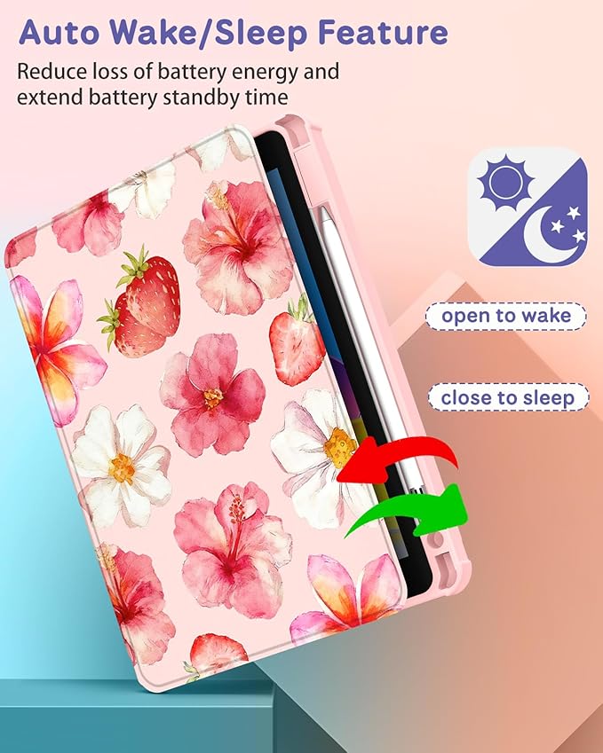 Uppuppy for iPad Air 11 inch Case(Air M4 2026, 8th Gen/M3 2025/M2)/Air 5th/4th Gen 10.9", for iPad Pro 11 inch Case(4th/3rd/2nd/1st Gen) - 360 Rotating Smart Folio Cover with Pencil Holder, Hibiscus