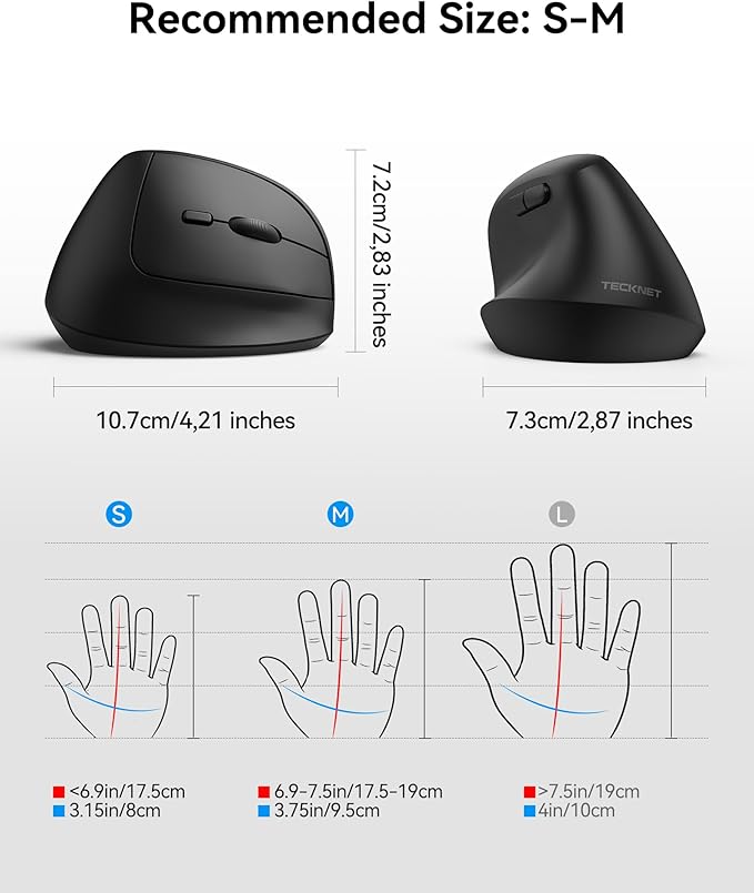 TECKNET Ergonomic Mouse, Wireless Bluetooth Vertical Mouse (BT5.3/3.0 & 2.4G) Rechargeable 4800 DPI Optical Mouse with 6 Adjustable DPI, Quiet Clicks, USB A Receiver, 6 Buttons - Wide Compatibility