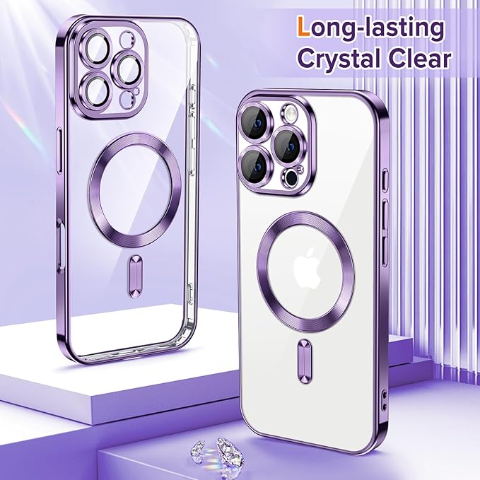 Hython Magnetic Clear for iPhone 16 Pro Case with Camera Lens Protector [Compatible with MagSafe] Luxury Plating Edge Slim Soft TPU Cover Protective Phone Case for iPhone 16 Pro 6.3", Deep Purple