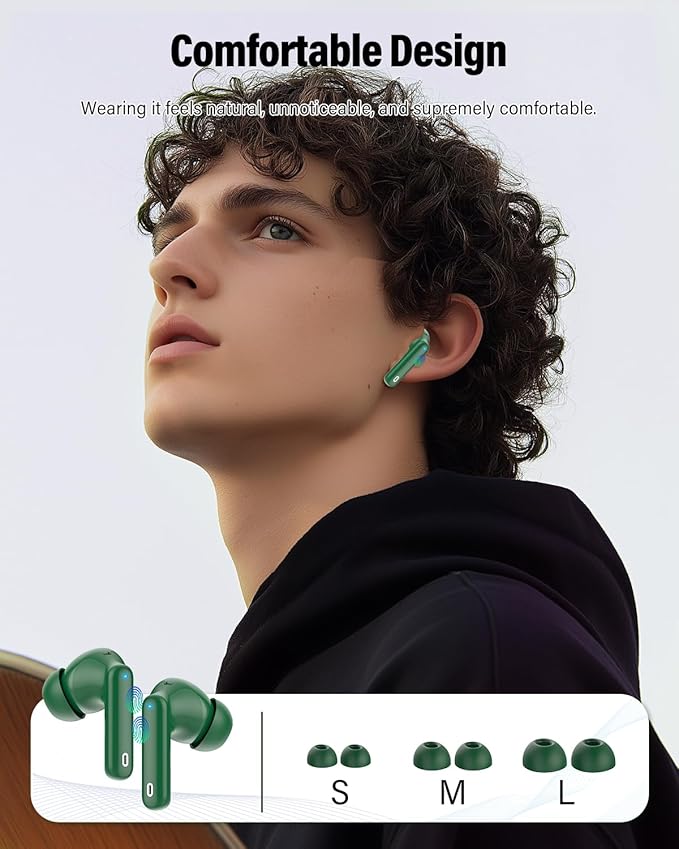 Wireless Earbuds, Bluetooth 5.4 Headphones Bass Stereo, Ear Buds with Noise Cancelling Mic, LED Display in Ear Earphones Clear Calls, IP7 Waterproof Bluetooth Earbuds for Laptop/Phones/Sports, Green