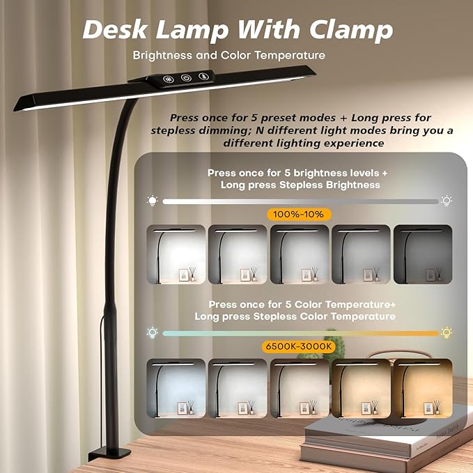 LED Desk Lamp for Office Home, Stepless Dimming Architect Desk Light with DC Adapter, Eye-Caring Desk Lamp with Clamp, 25 Lighting Modes Adjustable 14.8in Flexible Gooseneck for Workbench, Drafting