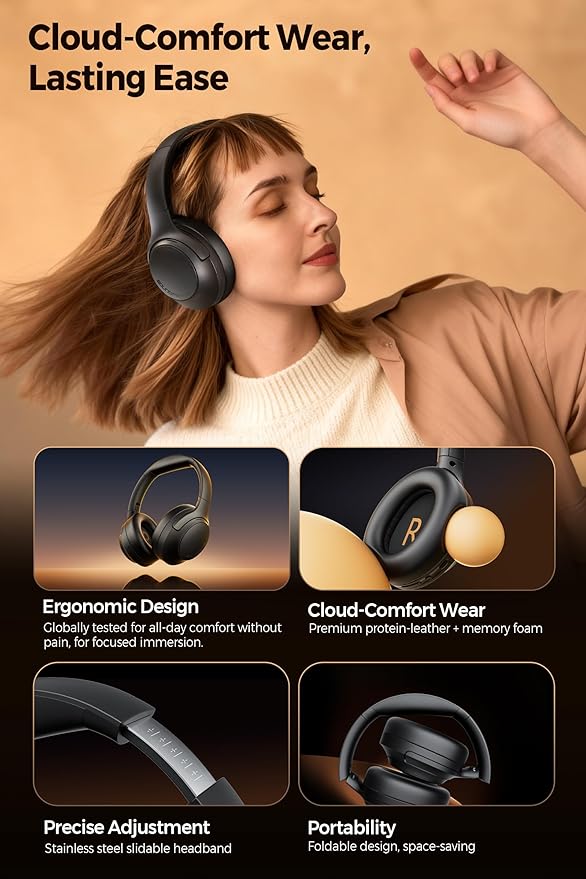 SoundPEATS Cove Pro Over Ear Headphones with 56dB Adaptive Noise Cancellation, 95H Battery for Long Flights, Comfortable Over-Ear Design, Hi-Res Audio & Clear Calls,Black