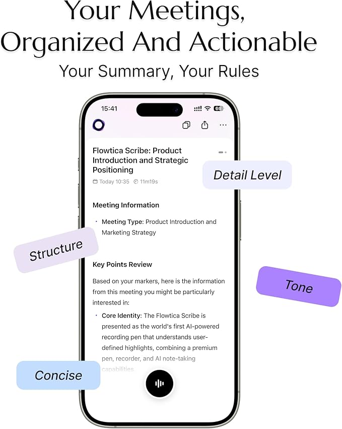 Flowtica Scribe AI Voice Recorder, App Control, Transcribe & Summarize, One-Press Highlight, HiFi Audio, Background Auto-Sync, Note Taker for Meetings & Lectures, Ultra-Slim, Pogopin Cable Included
