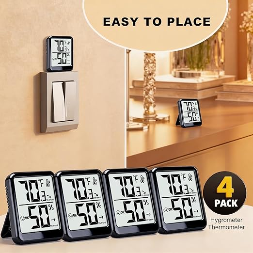 4-Pack Room Thermometer Indoor Hygrometer, Small Digital Temperature and Humidity Monitor Sensor, Temperature Humidity Gauge Meter for Home Baby Room, Plants, Pets - AAA Battery Included