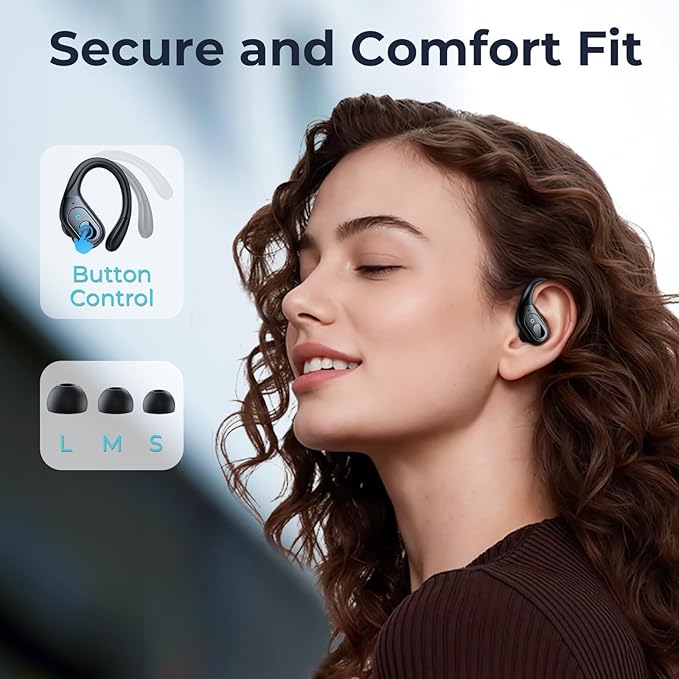 occiam Active Noise Cancelling Earbuds Wireless Bluetooth Headphones Ear Buds 90Hrs Playback Stereo Bass Earphones with Mic Over-Ear Hooks IPX7 Waterproof Headset for Work Sports Running Matte Black