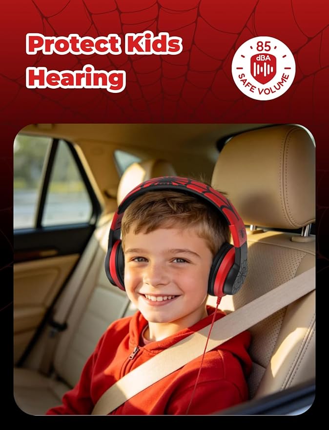 iClever HS19 Kids Headphones for School with Microphone, Safe Volume Limiter 74/85dBA, Over-Ear Girls Boys Headphones for Kids with FunShare Foldable Wired for iPad/Travel (Spider Black)