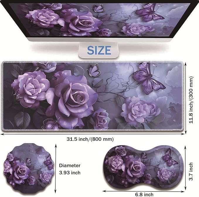 Extended Non-Slip Mouse Pad + Mouse Wrist Rest + Lace-Shaped Coaster Set, Ergonomic Design, Suitable for Desk and Home Gaming Table Mat, Purple Rose