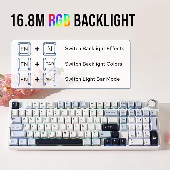 MechLands Aula F99 PRO 96% Mechanical Gaming Keyboard, BT5.0/USB-C/2.4GHz Wireless, Hot Swappable Gasket Custom Keyboard with 8000mAH Battery, Rotary Knob, RGB Backlit for Win/Mac (White Blue)