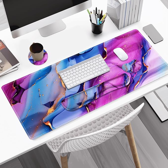 Large Gaming Mouse Pad Set, 4 in 1 Ergonomics Keyboard Desk Mat with Memory Foam Wrist Rest, Computer PC Extended Game Mousepad, Non-Slip Desk Pad Matt Easy Typing Pain Relief I Colorful Marble