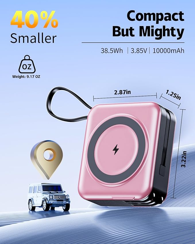 for Magsafe Portable Charger with Built-in Cables and AC Wall Plug, 10000mAh Magnetic Wireless Power Bank 22.5W Type-C in & Out Fast Charging Battery Pack for iPhone 17/16/15/14/13/12 Series, Pink