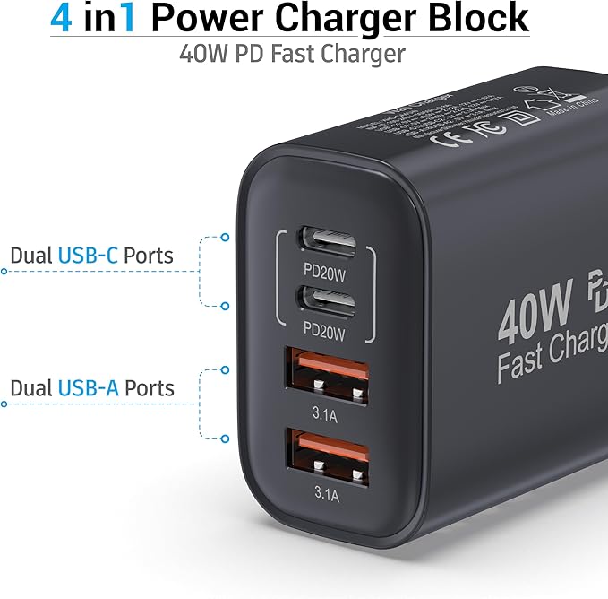 TT&C 40W USB C Charger Block 2-Pack, 4-Port Fast Charging Block (2 USB-C + 2 USB-A), Compact Multi-Device Wall Plug Adapter for iPhone 17,16,15,14, Pro Max, Samsung Galaxy S24/S23, (Black)