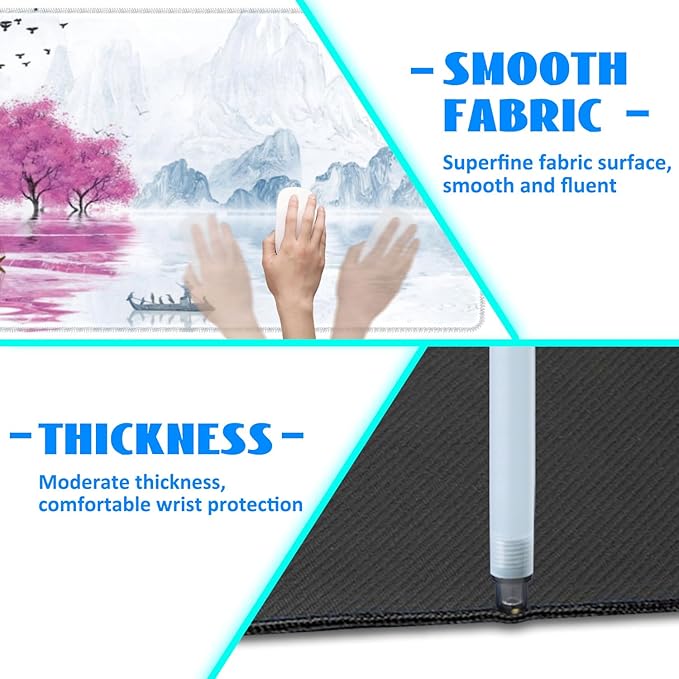 Desk Mat, Cherry Blossom Tree Oil Ink Painting Extended Gaming Mouse Pad Large, 31.5"x11.8" Big Mouse Pad with Non-Slip Base and Stitched Edge, Long Computer Keyboard Mouse Mat for Home Office Work