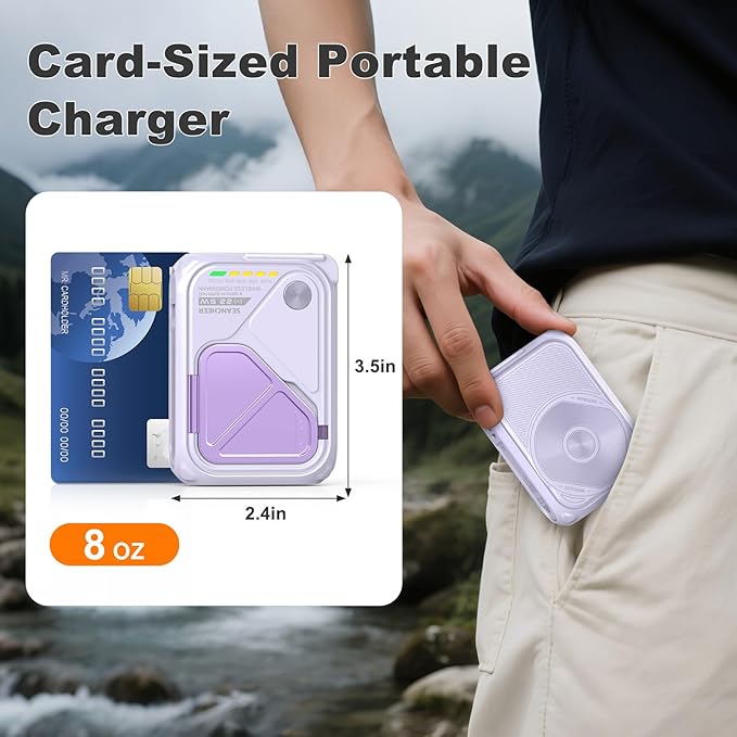 SEANCHEER P05 Portable Charger, Magnetic Power Bank, Small PowerBank, Battery Pack10000mAh Travel Essentials Fast Charging with Built in Cable, Foldable Wall Plug for iPhone,Samsung,Andriod (Purple)