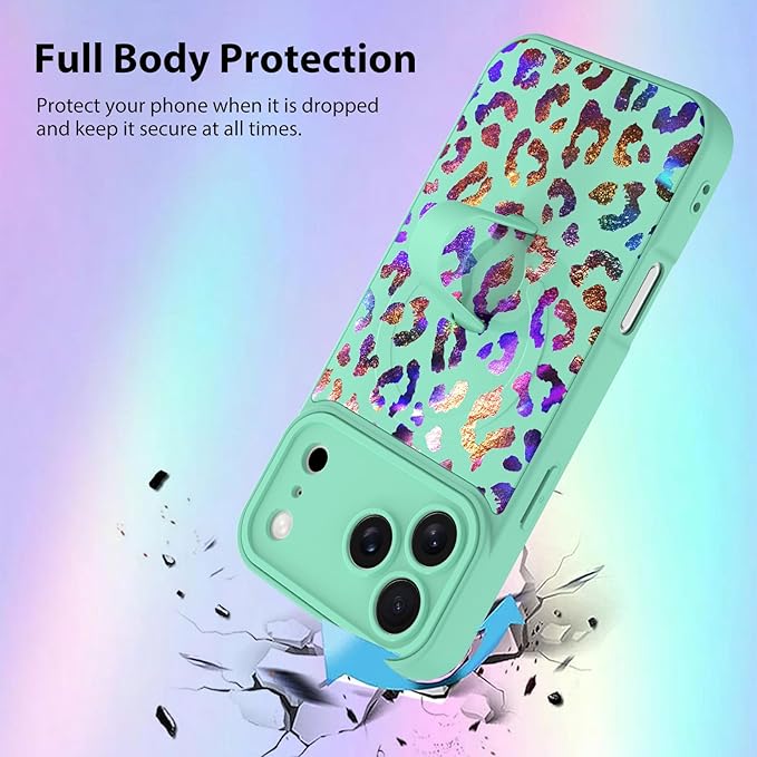KANGHAR Compatible with iPhone 17 Pro Max Case, Support for MagSafe, Silicone Cute Iridescent Leopard Cheetah Pattern, Wristband Kickstand Shockproof Protective Slim Cover for Women Girls, Green