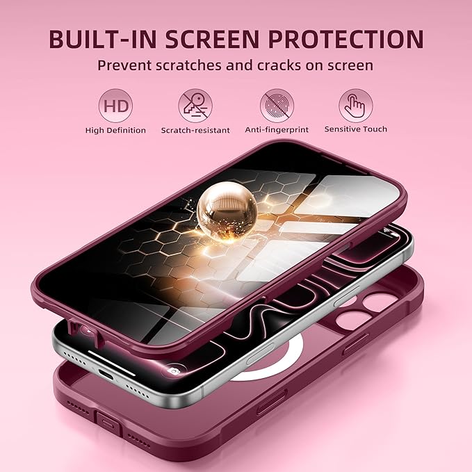 BERFY for iPhone 17 Pro Max Case, Compatible with MagSafe, Built-in Privacy Screen Protector, Camera Protection, Shockproof Full Body Phone Case 6.9", Translucent Deep Red