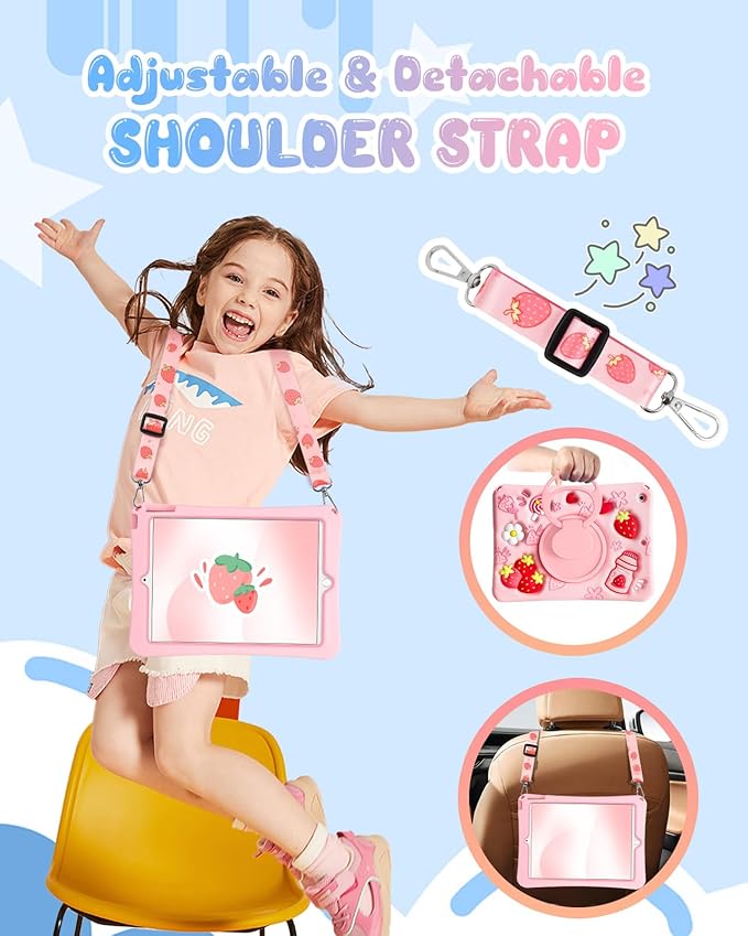 Boaretiu for iPad 9th/8th/7th Generation 10.2 Inch Case (2021/2020/2019) - Soft Silicone Cute Cartoon with Shoulder Strap & Rotating Stand Kawaii for Women Girls Girly Teens Cover, Strawberry
