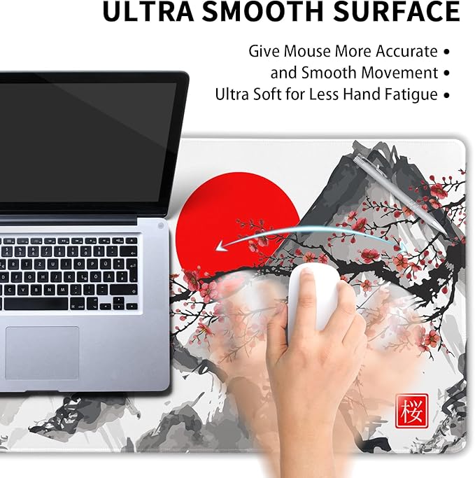 Extended Gaming Mouse Pad XL，White Japanese Cherry Blossom Large Mouse Mat Desk Pad, Extended Stitched Non-Slip Rubber Edges Mousepad 31.5 X 11.8 Inch