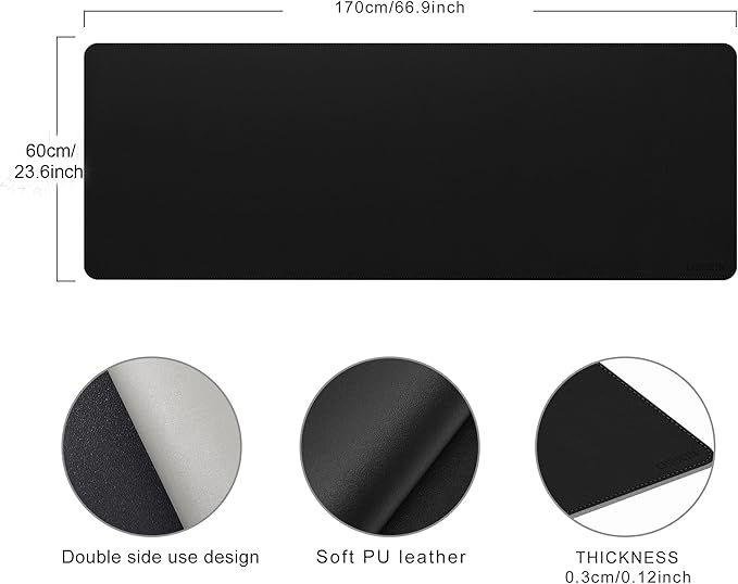 Chihein 67" x 24" 4XL PU Leather Desk Mat (Black/Gray), Huge Mouse Pad, Dual Sided Desk Pad Protector, Waterproof Writing Blotter for Gaming/Office/Home