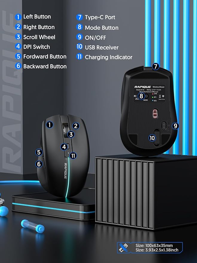 RAPIQUE Bluetooth Wireless Mouse - (BT1/BT2+USB) Tri-Mode High Performance, Rechargeable, Quiet Click, Multi-Device Compatibility for Laptop, Computer, MacBook, Tablet, PC (Black)