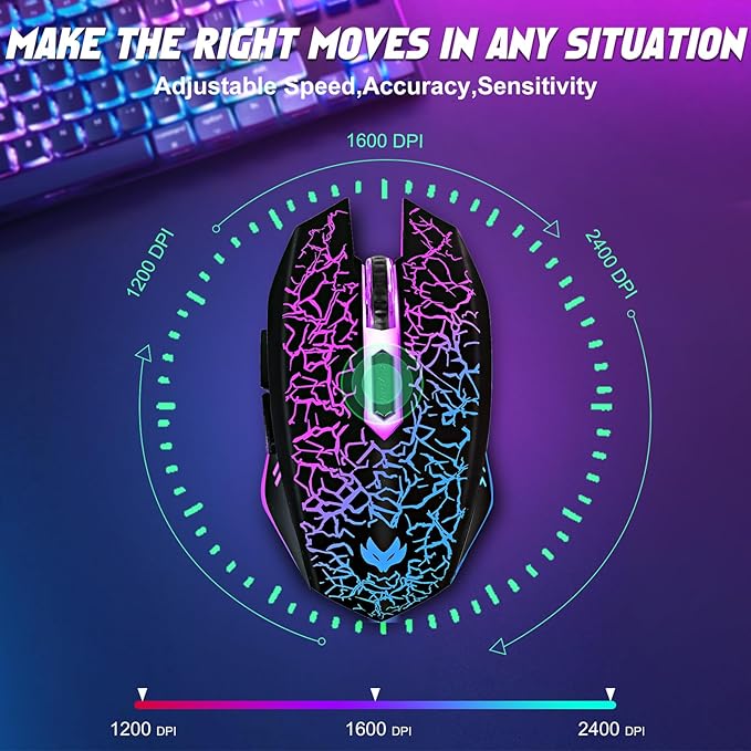 Wireless Gaming Mouse, Rechargeable Wireless Computer Mouse, 7-Color LED Light, Ergonomic Mouse with 6 Silent Click Buttons, 3 Adjustable 2400 DPI Wireless Mouse for Laptop,PC,Mac, Black