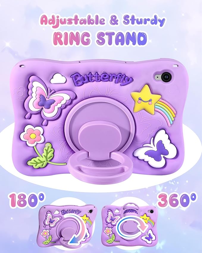 Kidcube for Galaxy Tab S10 FE Case, for Samsung Galaxy Tab S9 FE Case 10.9" - Girls Cute Kawaii Girly 3D Purple Butterfly Design Cover with Rotating Stand & Strap Unique Silicone Women Tablet Covers