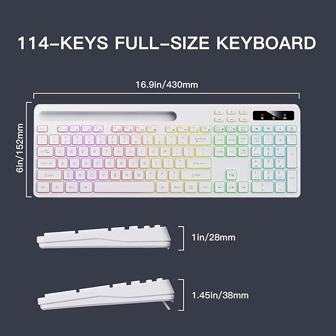 Soueto Wireless Keyboard with 7-Color RGB Backlit, Full-Size Computer Keyboard with Phone Tablet Holder, 2.4G Rechargeable Gaming Keyboard with Light Up Keys, Compatible with Mac, Windows (White)