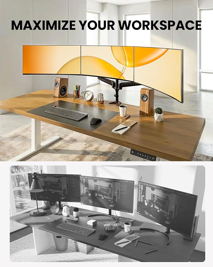 ErGear Triple Monitor Mount, Fully Adjustable Gaming 3 Monitor Desk Mount for 17 to 32 inch Computer Screens, Swivel, Tilt, Rotation, C-Clamp & Grommet Base