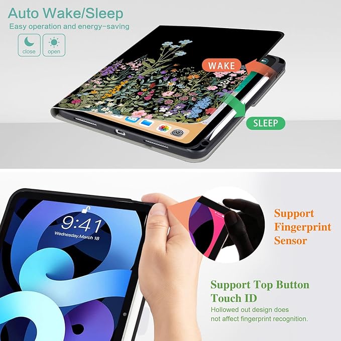 for iPad Air M4/M3/M2 11 Inch Case 2026/2025/2024, for iPad Air 5Th/4Th Gen Cases for iPad Pro 11 Inch Case 4th/3rd/2nd/1st Generation, 360 Degree Rotating Pencil Holder, Slim, Black Flowers
