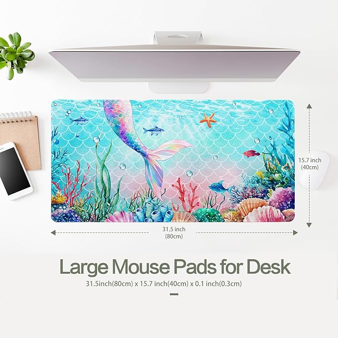Ocean Mermaid Mouse Pad Desk Mat, Magic Mermaid Large Gaming Mouse Pad Fish Tail Anime Desk Pad Mousepad XXL Extended Keyboard Mat Mouse Mat, Waterproof, 31.5x15.7 in