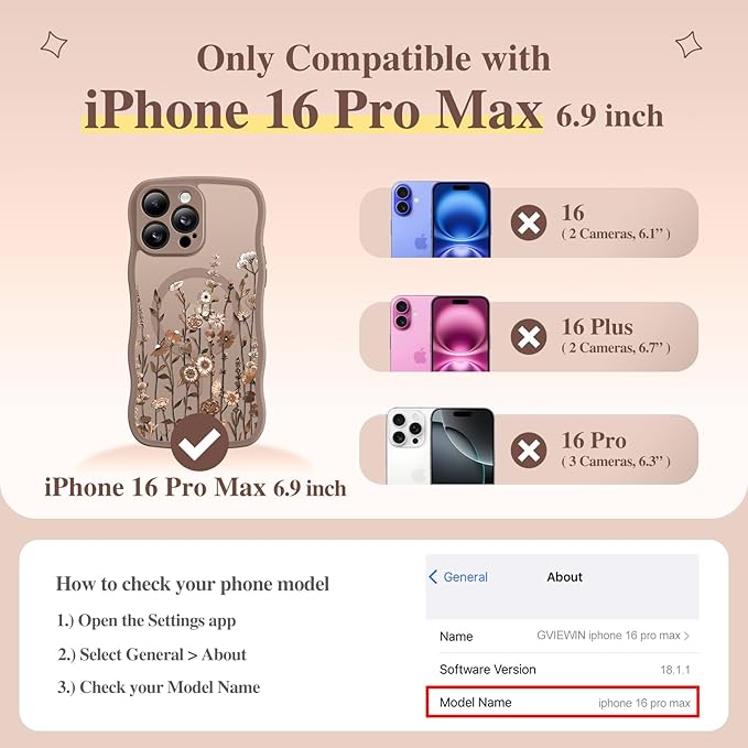 GVIEWIN for iPhone 16 Pro Max Case Compatible with MagSafe [Curly Wave Edge][Full Camera Protection] Floral Translucent Shockproof Magnetic Women Phone Case for 16 Pro Max, Floratopia/Brown