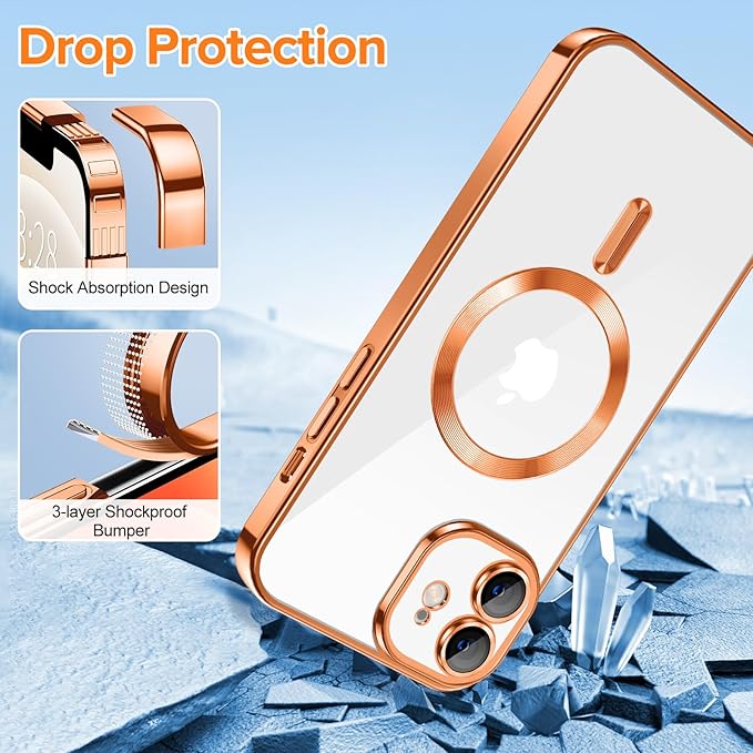 Hython Magnetic Clear for iPhone 12 Case with Camera Lens Protector [Compatible with MagSafe] Luxury Plating Edge Slim Soft TPU Cover Protective Phone Case for iPhone 12 6.1", Orange