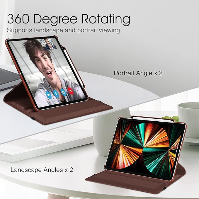 Fintie Rotating Case for iPad Pro 12.9-inch 6th Generation 2022-360 Degree Swiveling Protective Cover with Pencil Holder, Auto Sleep/Wake, Also Fit iPad Pro 12.9" 5th/4th/3rd Gen, Brown