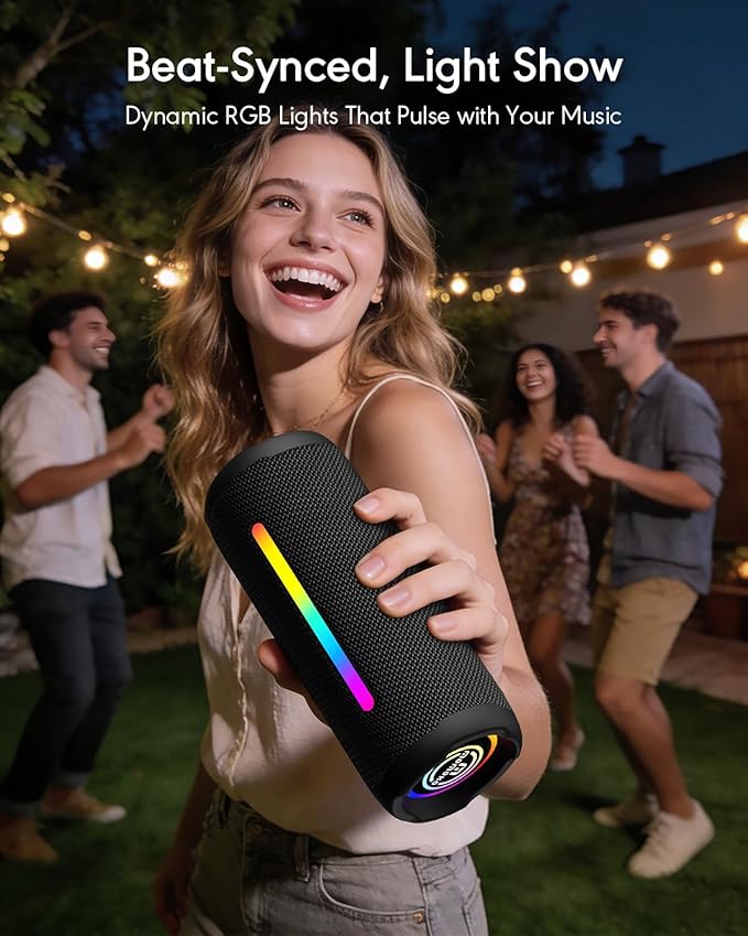 Portable Bluetooth Speaker, IPX7 Waterproof Wireless Speaker, 30W Loud Stereo Sound with Deep Bass, RGB Lights, Bluetooth 5.4, EQ Mode for Home/Party/Outdoor, Birthday Gifts for Men Women(Black)