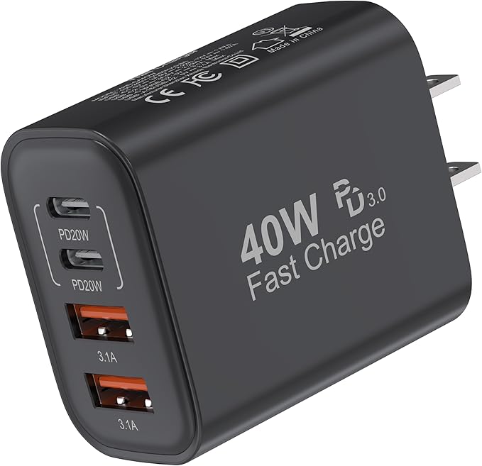 TT&C 40W USB C Charger Block, 4-Port Fast Charging Block (2 USB-C + 2 USB-A), Compact Multi-Device Wall Plug Adapter for iPhone 17,16,15,14, Pro Max, Samsung Galaxy S24/S23 Travel & Home (Black 1Pack)