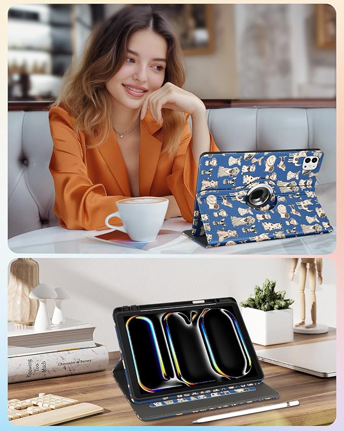 Kidcube for iPad Pro 13 Inch Case M4 2024 - Women Girls Kids Cute Rotating Stand Folio Cover with Pencil Holder & Card Slot Kawaii Cool Dogs Design for iPad Pro 13 Inch Case 2024 (A2925 A2926 A3007)