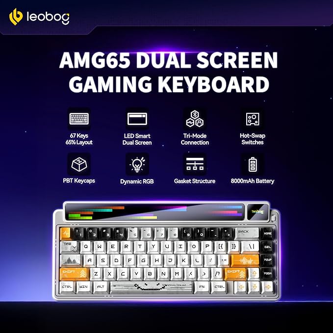 x Aula AMG65 Mechanical Gaming Keyboard w/Dual Screen, 65% Wireless Small Custom RGB Keyboard Quite,Bluetooth/2.4G/Wired, Rapid Trigger, Hot Swappable for Windows Laptop PC Mac - White