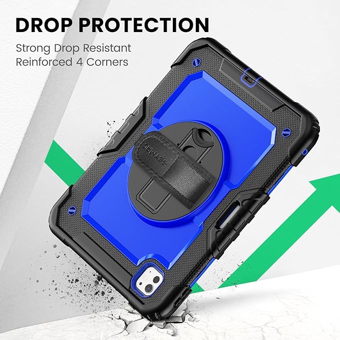 SEYMAC for iPad Pro 11 Inch Case M5 2025 / M4 2024, Heavy Duty Shockproof Protective Case with Screen Protector, 360° Rotating Stand, Hand/Shoulder Strap and Pen Holder, Blue